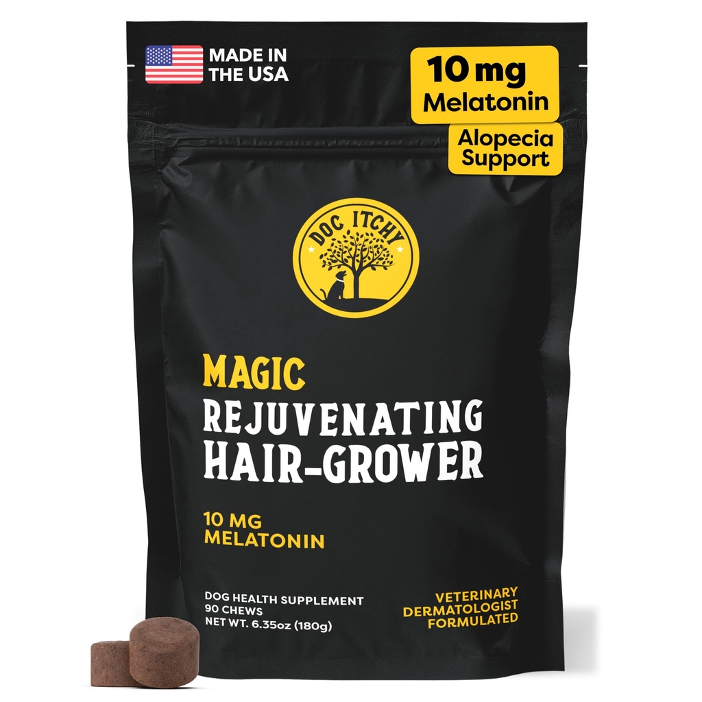 Doc itchy gjenopplive hår-Grower Hunde Kjæledyr Chews | 10 mg Melatonin for hunder | Hårvekst Booster | Senior Dog Energizer | Calming | Medisinsk-styrke | Matallergi trygt | Vegan | 90 greve