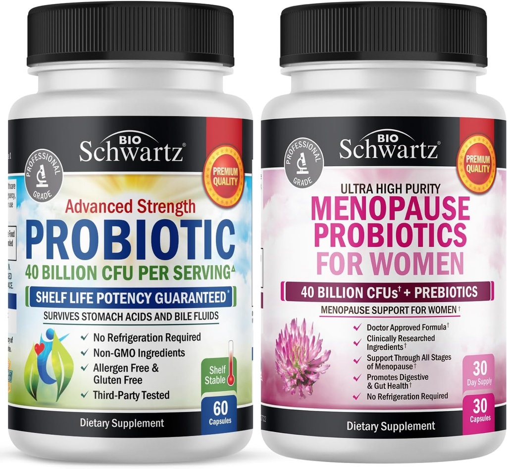 BioSchwartz Probiotic 40 milliarder CFU 60 Count + Menopause Probiotika for kvinner 30 Count