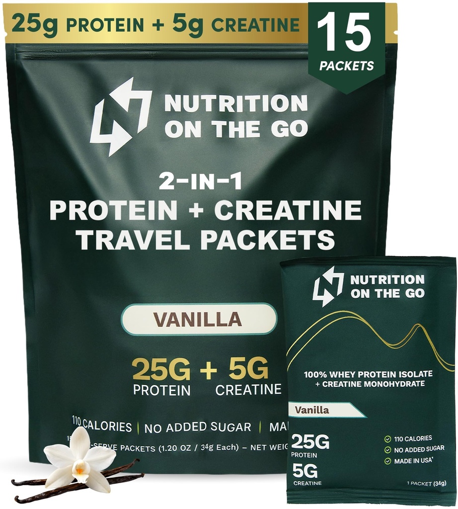 Næring på Go Whey Protein Isolere pakker med kreatin – 25g Protein + 5g Kreatin – Single-Serve Reise Protein pulver – Vanilla (15-Pack)