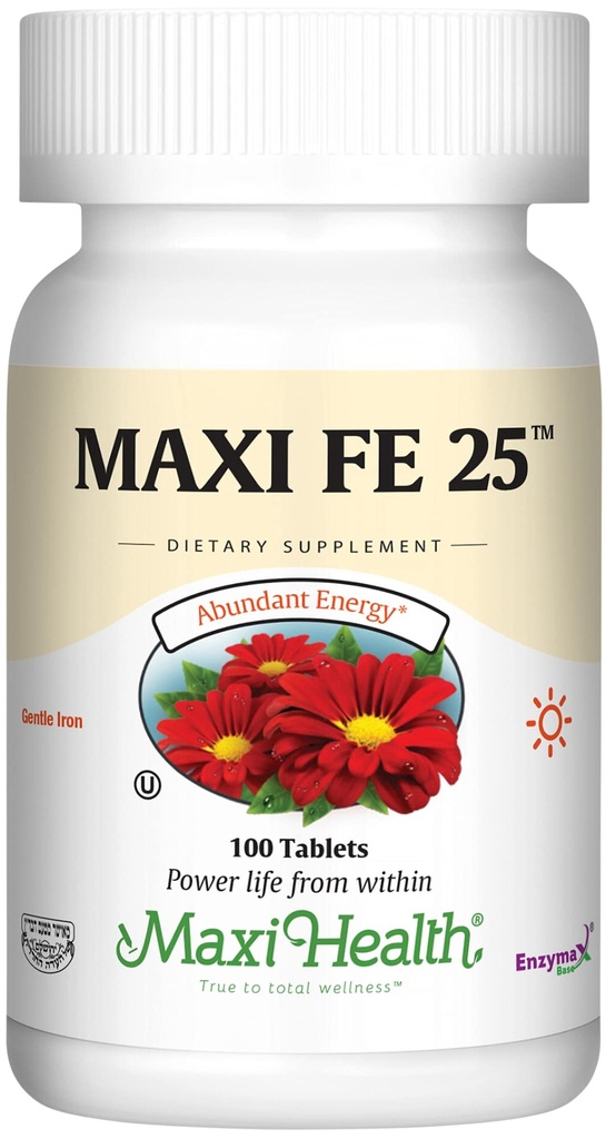 Maxi Helse Iron Supplement for kvinner og menn - Gentle Iron 25 mg for magen - Ikke forstoppende* piller - Kosher - Ikke GMO - Vegetarisk (100 tabletter)