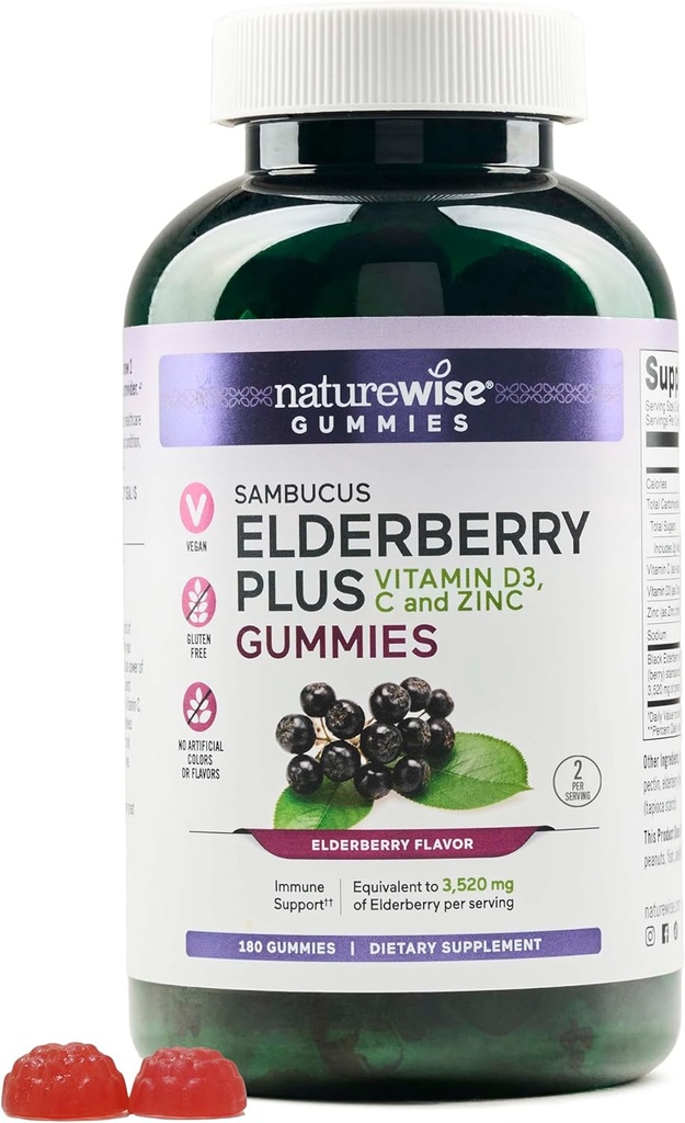 NatureWise Sambucus Elderberry Gummies - immunstøtte Supplement for barn i alderen 4+ & voksne med vitamin C, D3, sink - Elderbær tilsvarende 3520mg - Vegan, ikke-GMO - 180 greve[90-dagers forsyning]