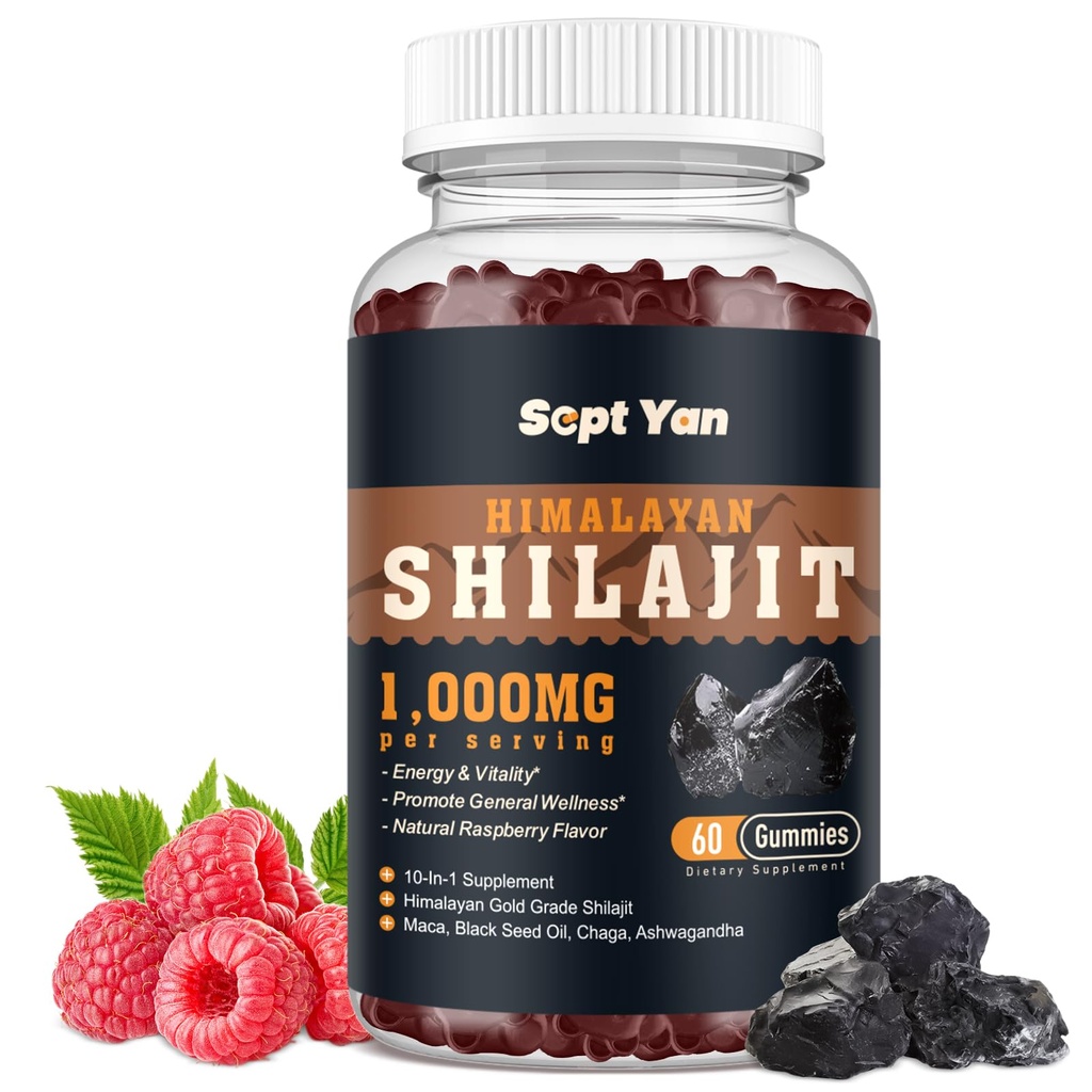 Shilajit Gummies 1000mg - Shilajit ren Himalayan Organic for menn og kvinner 85+ Trace Minerals Shilajit Resin med Ashwagandha, Maca, svart frøolje - energi, hjerne, immunitet, sukker gratis bringebær 60ct
