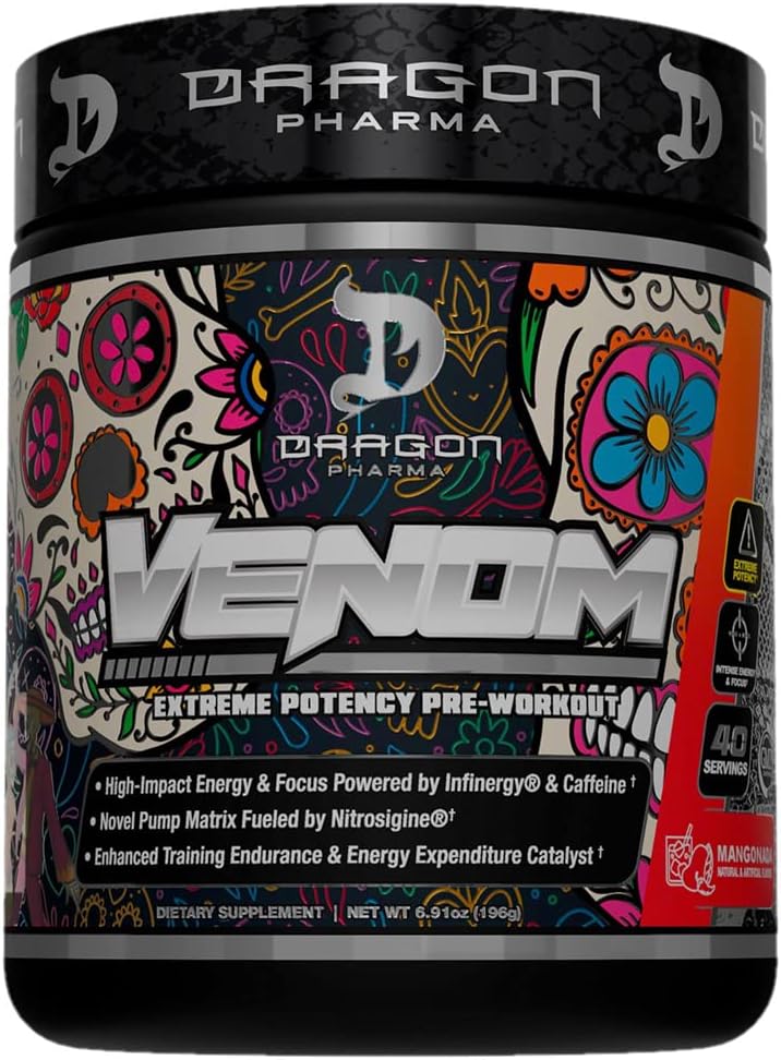 DRAGON PHARMA Venom Extreme Potens Pre-Workout, Laser Sharp Focus + Energi, Intense ytelse, Proven ingredienser for forbedret vasodilation og utholdenhet (40 Serveringer, Mangonada)