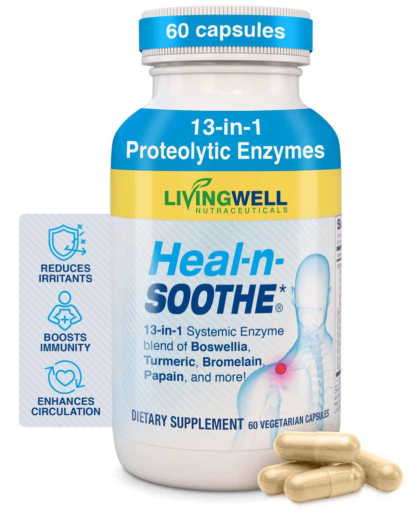 HEAL-N-SOOTH Joint Support Supplements - Proteolytiske enzymer som Bromelain & Papain, med Boswellia, Turmeric & Ginger- fremmer Protein Digestive Function & Body Defense Wellness- 60 Count (1 Pack)