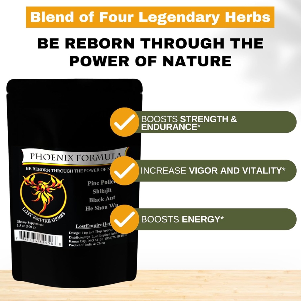 Phoenix Rejuvenation Formula - Lost Empire Urter Energi blanding av 4 Top Natural Health Urter Pine Pollen, Han Shou Wu, Ant, og Shilajit (100g pulver)