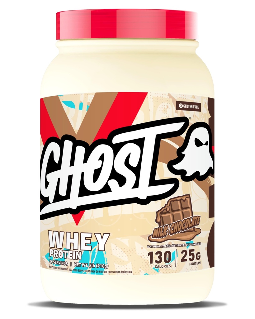 GHOST Whey Protein Powder, Melk sjokolade - 2LB, 25G protein - Whey Protein Blend - Post Trening Fitness & Ernæring Skaker, Smoothies, Baking & Matlaging - Soya & Glutenfri