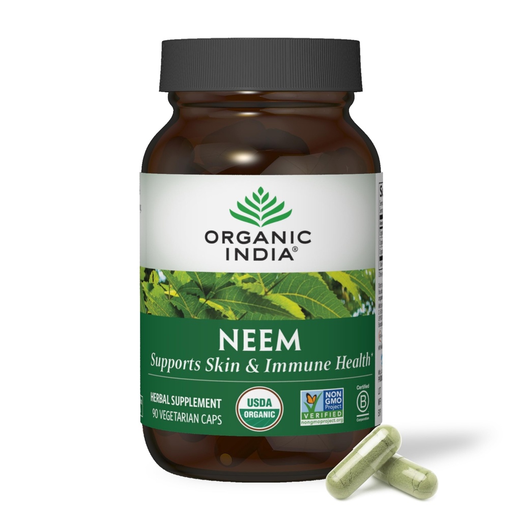 ORGANIC INDIA Neem Leaf Kapsler - Herbal Supplement, Støtter hud og immun helse, Vegan, Glutenfri, USDA Certified Organic - 90 Count