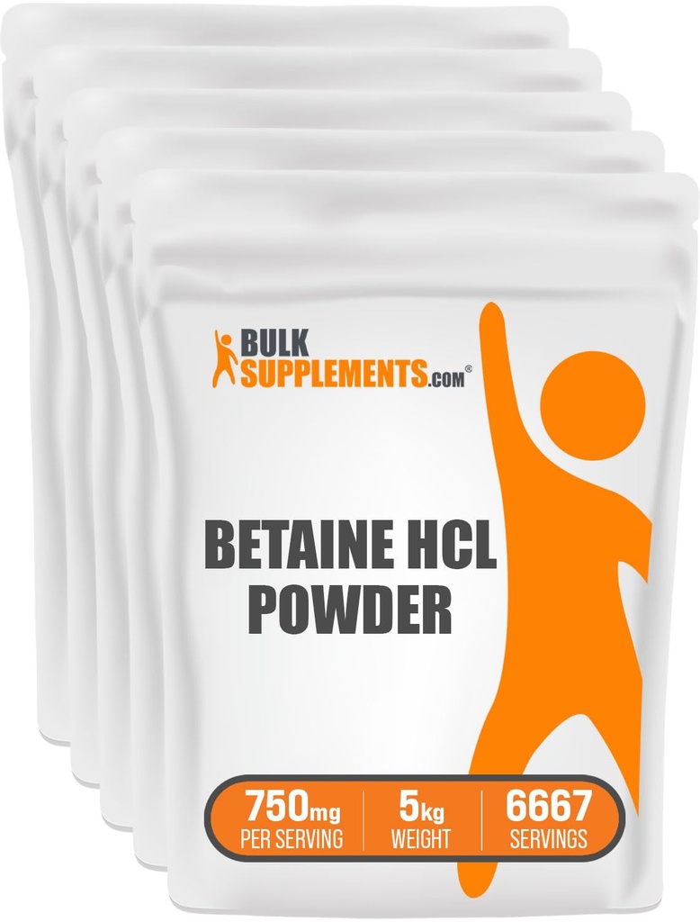 BulkSupplements.com Betaine HCl pulver - Betaine Hydrochloride Supplement, Betaine pulver - Betaine 750 mg, Digestiv Helse Support - Glutenfri, 750 mg per servering, 5kg (11 lbs)