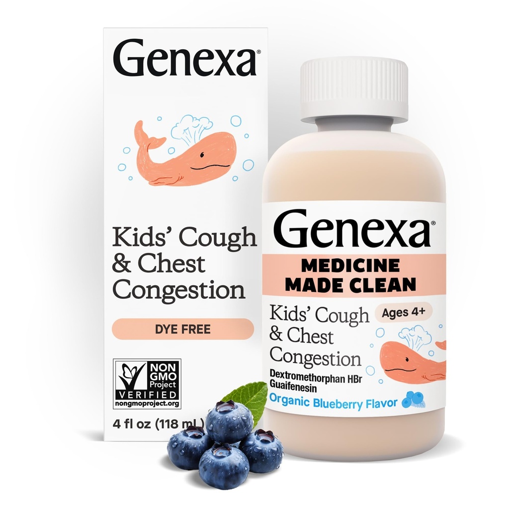 Genexa Kids' Clean Cough & Chest Congestion Medisin, Dye Gratis, 0% Kunstige Additiver, Multi-Simptom Cough Syrup for barn 4-11, Cough Supresant & Forventning, Organic Blueberry Flavor, 4 fl oz