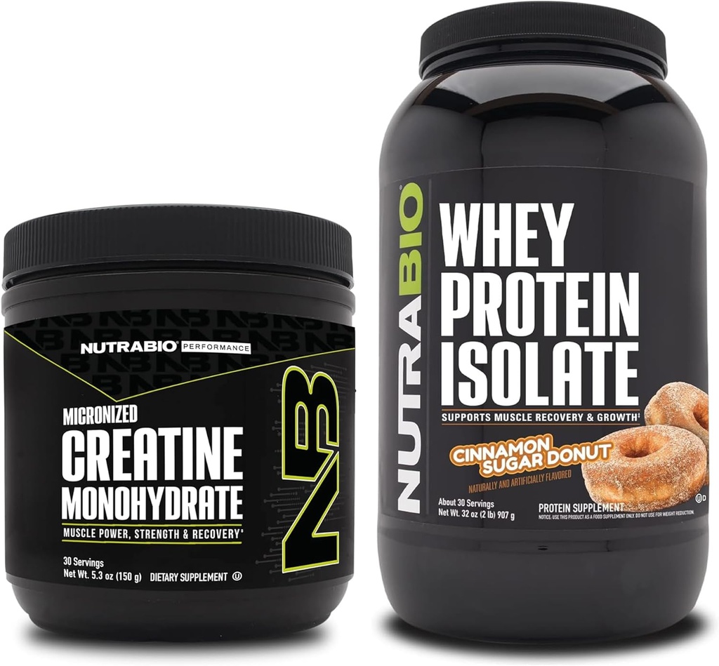 NutraBio Kreatin Monohydrat, Uflavorert, 150g og Whey Protein Isolat, kanel sukker Donut, Supplement Bundle - Muskelenergi, lean muskelvekst, utvinning og styrke