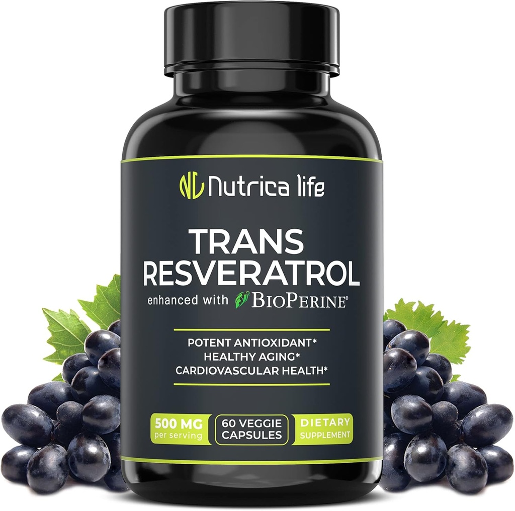 Trans Resveratrol Supplement 500mg Potent Anti Aging Formula, Kraftig Antioksidant for hjerte og cellulære helse, Brain Booster Supplement med Bioperine, 60 Vegan Caps