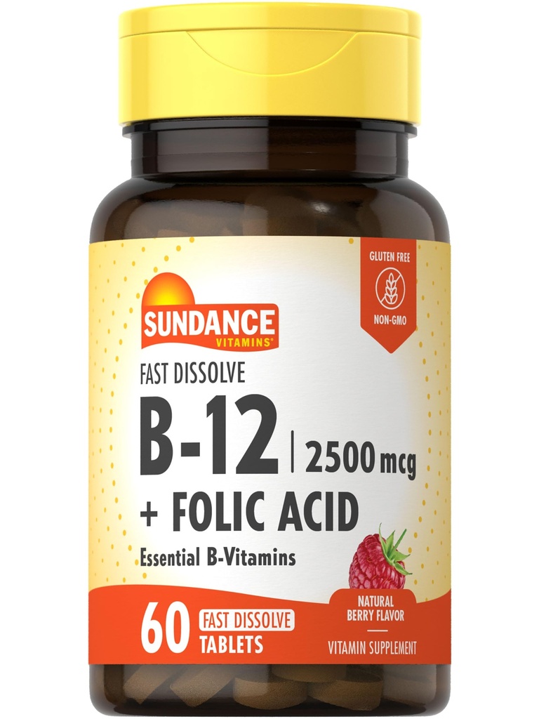 Sundance raskt oppløse vitamin B-12 | med folicsyre | 2500mcg | 60 greve | Naturlig Berry Flavor | Vegetarisk, ikke-GMO, og Glutenfri kosttilskudd