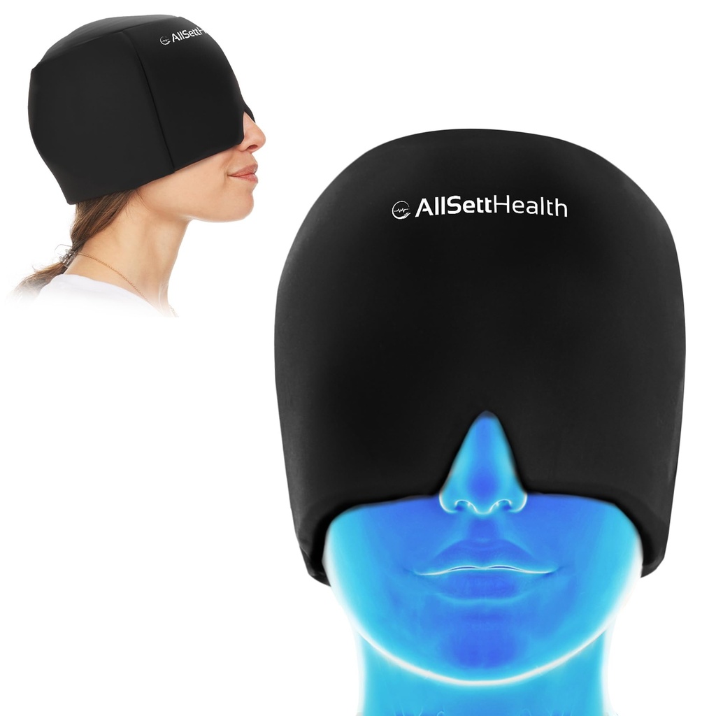 Migraine Relief Cap Ice Head Wrap og Hat | Hot/Kold Gel Pack med ansikt og øyemaske Compress for hodepine Relief - Svart
