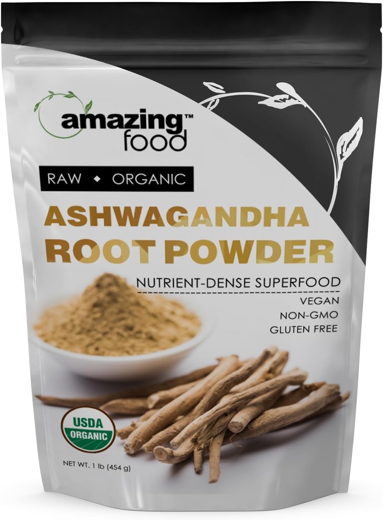 Amazing Food Ashwagandha Root | 1 Lb pulver | USDA Certified Organic Supplement | Vegansk | Ikke-GMO | Glutenfri |