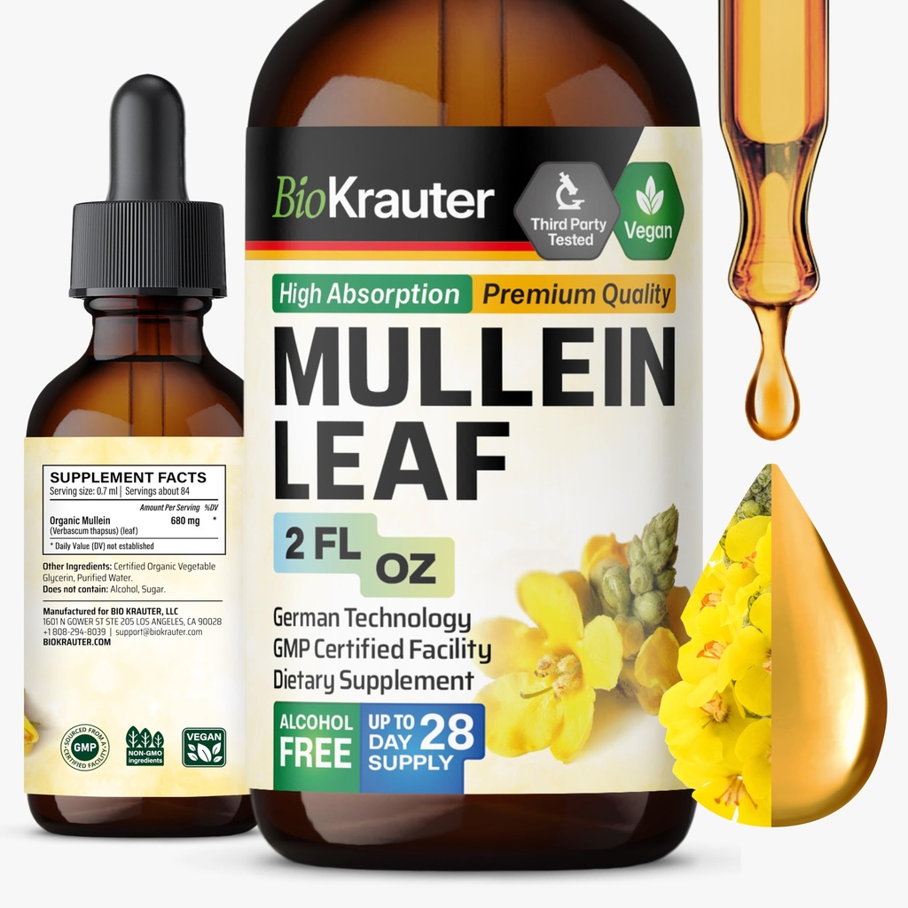 BIO KRAUTER Mullein Leaf Ekstrakt for Lungs 2 Fl. Oz - 28 dagers forsyning - ren mullein Drops for Lung Cleanse & Detox - Vegan andningstilskudd - Ikke-GMO, Ingen sukker & alkohol