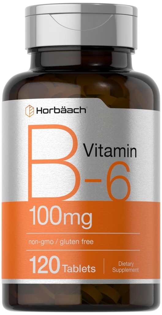 Horbaach vitamin B6 100 mg | 120 vegetariske tabletter Pyridoxin HCl | Ikke-GMO & Glutenfri Supplement