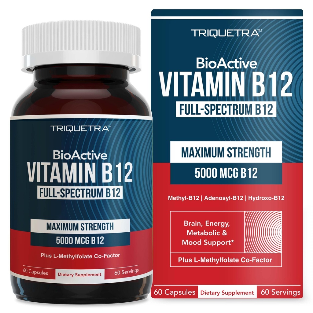 BioActive vitamin B12 - 5000 mhg, inneholder 3 BioActive Forms B12 Plus Metylfolate Cofactor - Metyl B12, Adenosyl B12 & Hydroxy B12 | støtter energi, metabolisme og humør | Vegan, ikke-GMO (60 Serveringer)