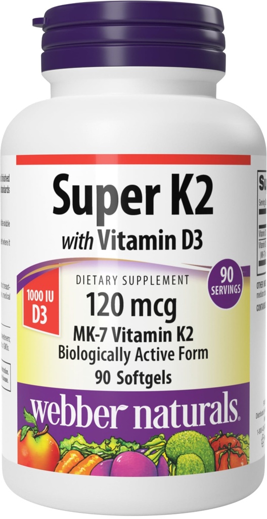 Webber Naturals Super vitamin K2 MK-7 120 mhg med vitamin D3, 90 Softgels, støtter bein, tenner og kardiovaskulære system