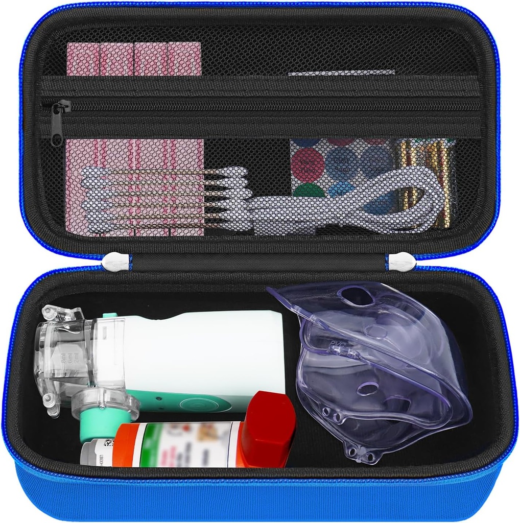 HESTECH Hard reise bærende sak for Astma inhaler for inhaler Spacer, Maske, innhaler holder Astma veske med mesh lomme for saltløsning og andre essensielle, blå (bare tilfelle)