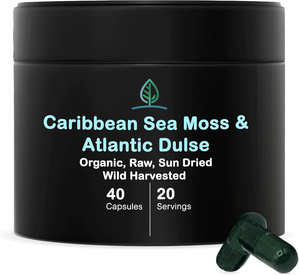 Holistic Bin Organic Sea Moss Capsules 100% ren karibisk sjø Moss + Dulse Seaweed | Wild Harvested | No Fillers | Rik på Antioksidanter, Mineraler og Iodine (40 kapsler)