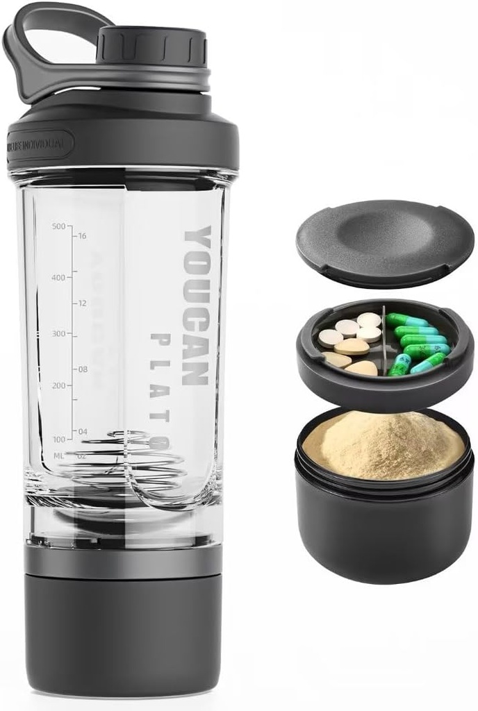 21oz Protein Shaker flaske med pulverlagring Container-Shaker Cups for Protein Shakes-pre trening flaske-Mixer Cup-Gym Sport Vannflaske -Made med Tritan BPA gratis, med Wire Whisk Balls (svart)