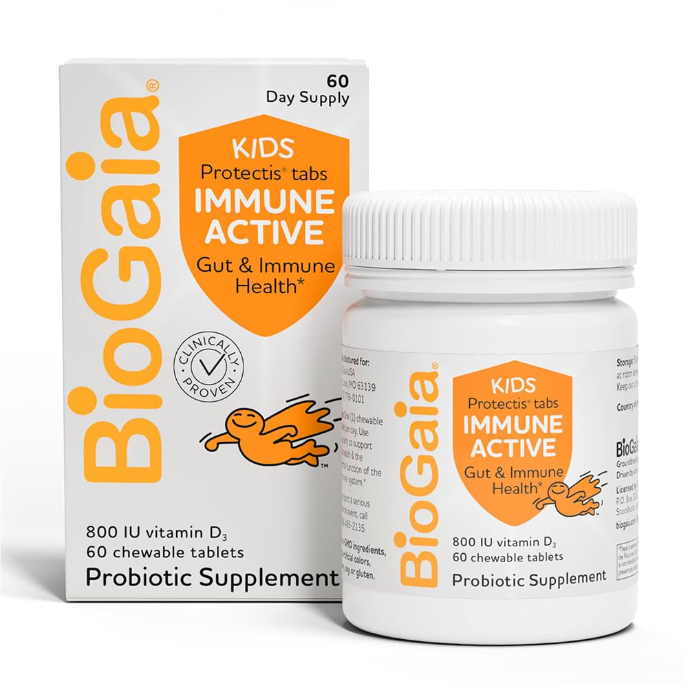 BioGaia Immune Active Kids | Probiotic + vitamin D | for Digestive & Immune Health | Alder 3+ | Allergen, Dairy, Soja og Glutenfri | Stolt av pediatrikere | 60 dagers forsyning | Orange Flavored Chewable