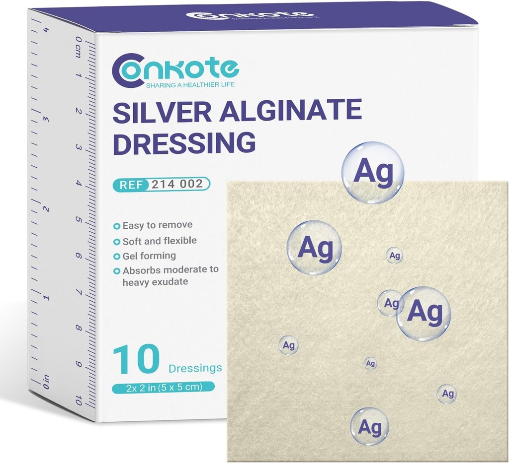 Conkote Silver Alginate Sårkjoler Pads 2\" x 2 \", 10 Pack, Ikke-Stik Padge Ag Patches, høy absorbent for trykk Ulcer, seng Sore og diabetisk fot Ulcer