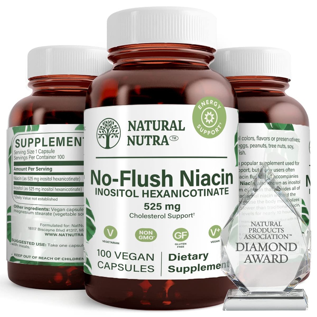 Naturlig Nutra No Flush Niacin, vitamin B3 Supplement, hjelper forbedre kardiovaskulær helse, bidrar til å forbedre hudens tekstur, fremmer bedre hjernefunksjon, hjelper øke energinivå 525 mg, 100 kapsler
