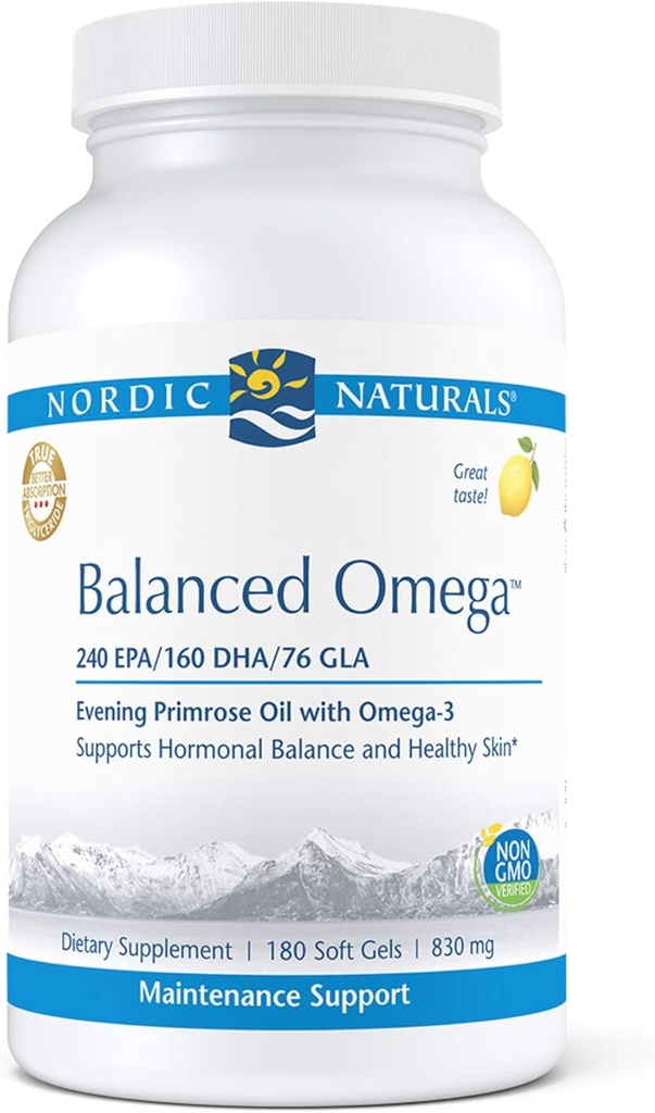 Nordic Naturals Pro Balanced Omega - Fiskeolje og kveld Primroseolje, 240 mg EPA, 160 mg DHA, 76 mg GLA, støtter Hormonal Balance og sunn hud*, 180 myke geler