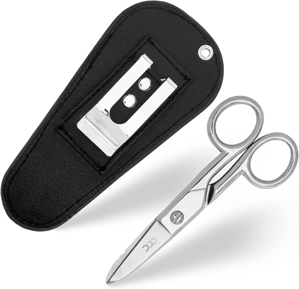 Multi formål Elektriske Scissors med skinn bærende pung - Tung plikt rustfritt stål Elektriske skjære med strippe Nots, File & Scraper - våre snips er til høyre og venstre håndet bruk – svart