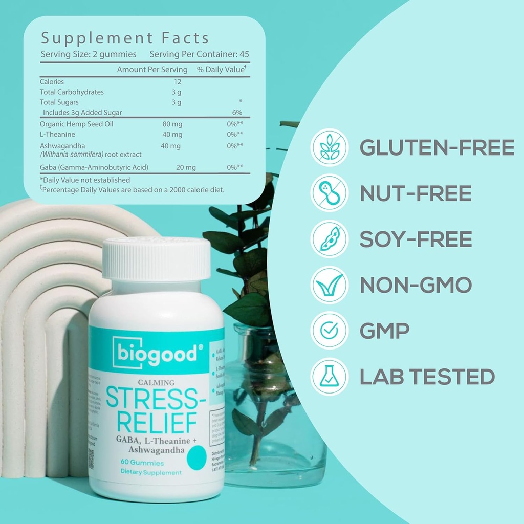 Stressredusert med Ashwagandha + L-theanin, GABA | daglig dose, 60 gummier