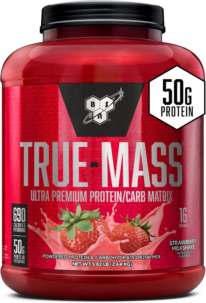 BSN TRUE-MASS Vektvinner, Muskelmasse Gainer Protein pulver, Jordbær Melkshake, 5,82 pund