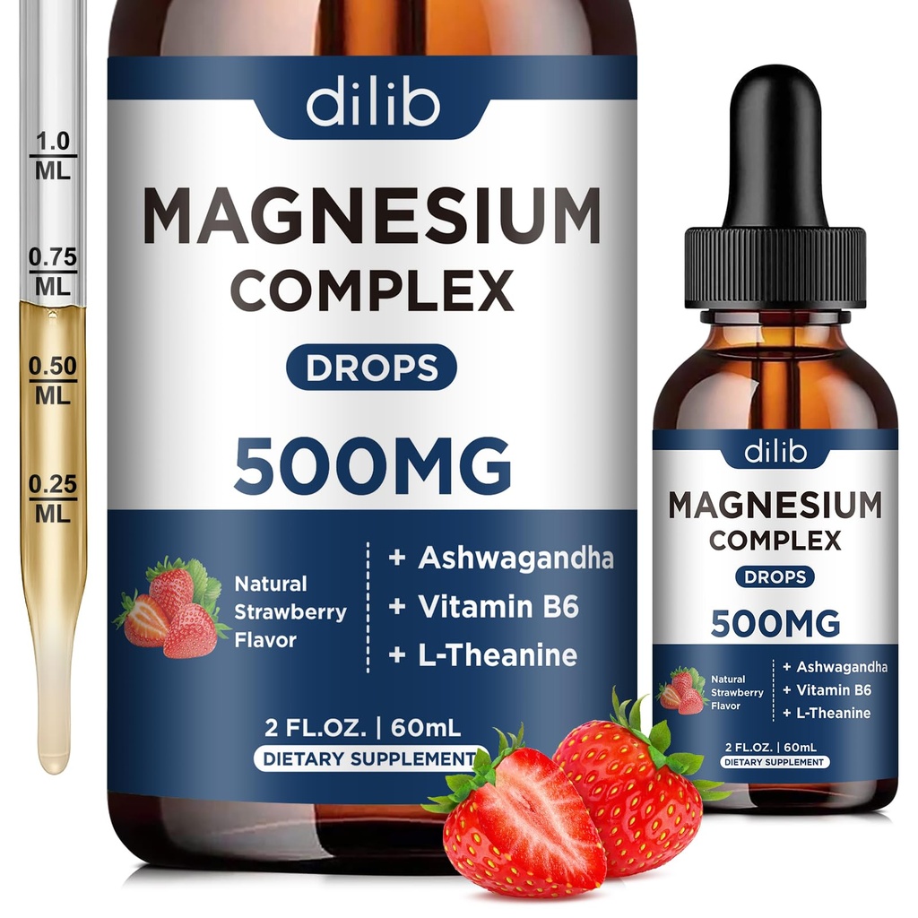 Triple Magnesium Complex Supplement-Magnesium Glycinate, Citrat, Malate flytende dråper 500mg med Ashwagandha, L-Theanin, vitamin B6 for stress relief, søvn, muskel støtte-Strawberry Flavor
