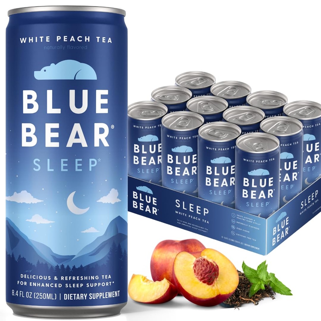 Blå Bear Melatonin søvndrikk, sovete for sengetid støtte, hvit fersken te med melatonin (5mg), lavendel, Ashwagandha, kamille, GABA, L-theanine, koffeinfri, null sukker, 8,4 fl Oz 12-Pack