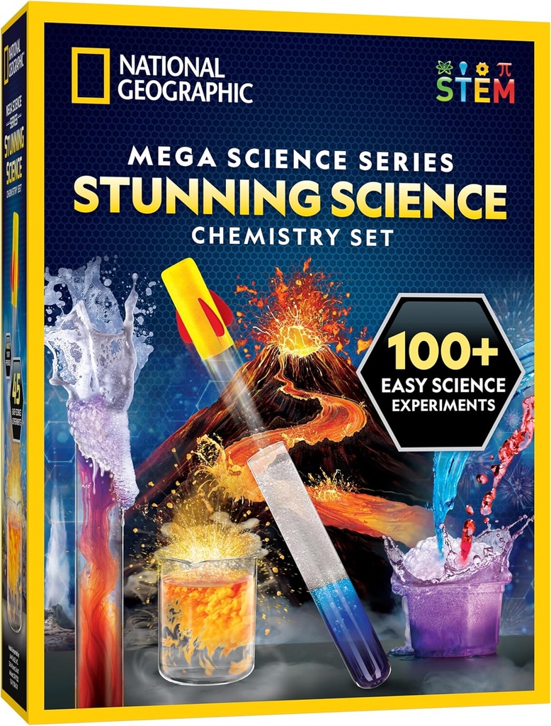 National Geographic Bedøvelses kjemisett - Mega Science Kit med 45 enkle eksperimenter - Gjør en vulkan og lanser en rocket, STEM-prosjekter for barn i alderen 8-12 år, Science Toys (eksklusiv)