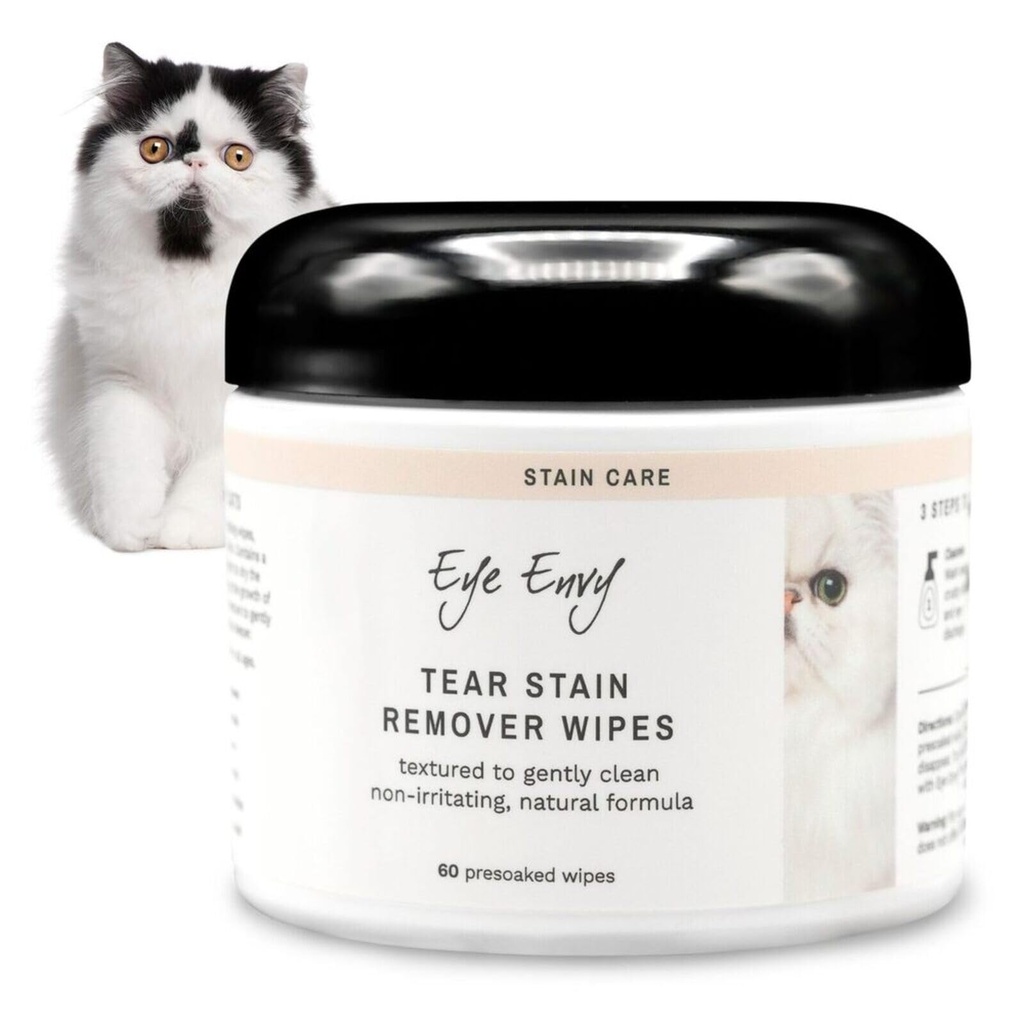 Øye Envy Tear Stain tørker for katter. Teksturert til forsiktig å rengjøre, behandler årsaken til stansing. 100% naturlig formel. Anbefalt av Persisk og eksotiske avlere, Vets, Groomers. USA laget. 60 Cat Eye Wipes
