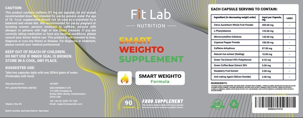Fit Lab - Smart Weighto Management, Mat Supplement - 90 kapsler - Vegan, Halal og vegetariske kosttilskudd for kvinner og menn - 45 dagers forsyning - Gym Essentials
