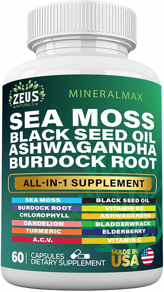 Hav Moss 3000mg Svart Seed Oil 2000mg Burdock Root 1000mg Bladerwrack 1000mg Turmeric 1000mg Ashwagandha 1000mg - Elderberry, VIT C, VIT D3, Manuka, ACV (60 greve)