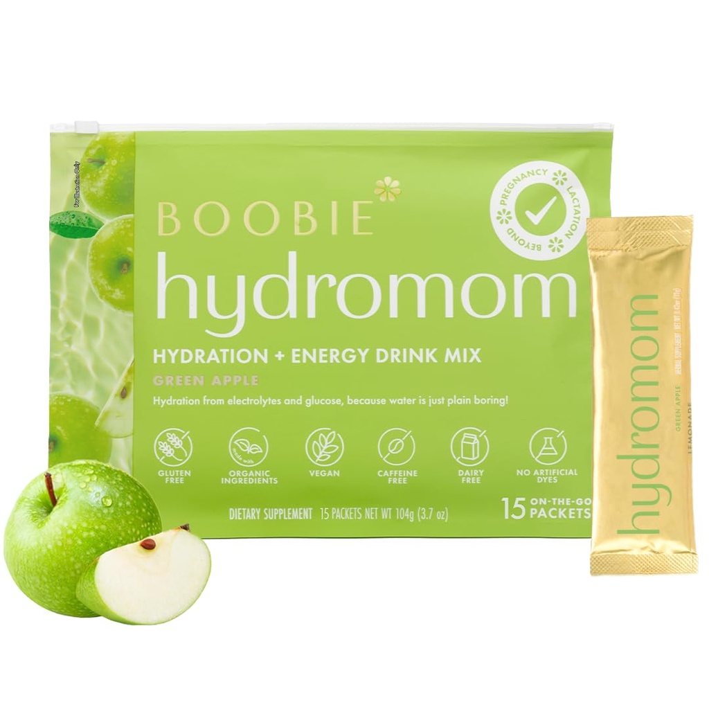 Boobie Hydromom Superfood Electrolyte Drink Mix, Grønn Apple | Forfriskende energi og Hydration Boost for Mamas | On-The-Go & Reise Essentials for Graviditet, Lactation, & Beyond, 15 Packets