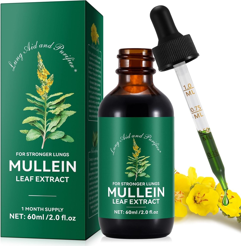 Mullein Drops for Lungs, Mullein Leaf Tinktur Drops | 2 fl oz |Mullein Leaf Extract for Lungs Detox og pustende Lung Helse, Støtte for andning, Naturlig Herbal Supplement
