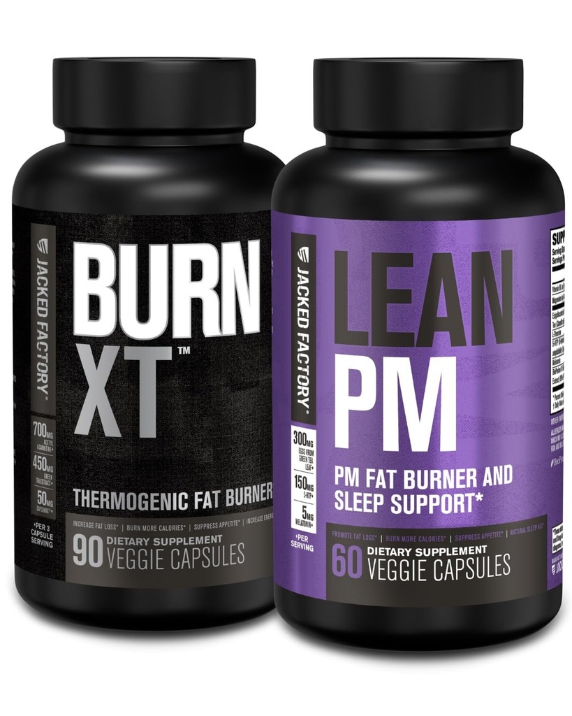 Jacked Factory Burn XT termogene fettforbrenner - Appetitt Suppliant og nootropisk energi Booster (90 kapsler) & Lean PM vekttap Supplement, søvnstøtte | (60 kapsler)