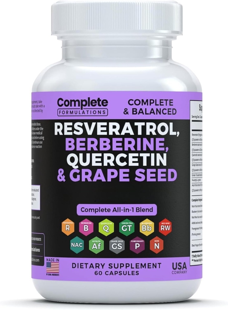 Resveratrol Supplement med Quercetin, Berberine, Grape frø ekstrakt & polyphenol blanding for hud helse, immun støtte og antioksidant boost