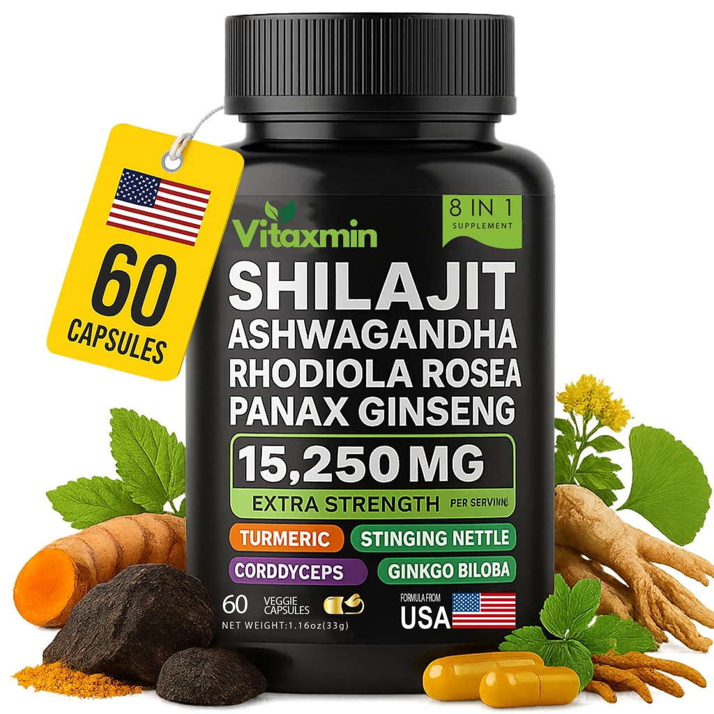 Shilajit og Ashwagandha Capsules, 8-i-1 Herbal Multivitamin for menn og kvinner, med Rhodiola Rosea, Ginseng, og Stinging Nettle, Shilajit for menn og kvinner