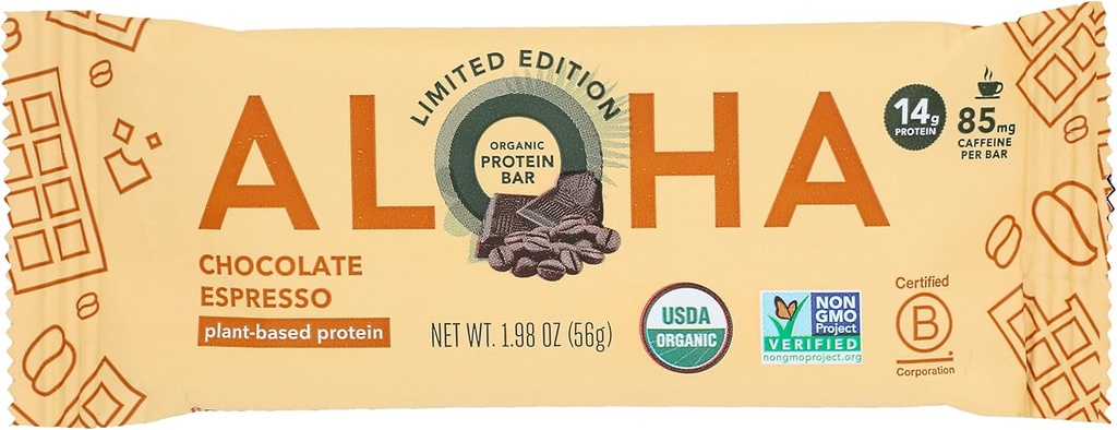Aloha Organic Chokolade Espresso Protein Bars, 14g Plantebasert Protein, 85mg Koffein, USDA Certified Organic, Glutenfri & Ikke-GMO, 1,98 Oz (Pack of 12)