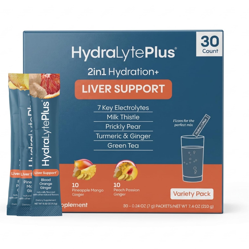 Hydralyte leverstøtte + Electrolyte Blande med Melk Thistle, Turmeric, Ginger, Prickly Pear, Grønn Te Ekstrakt Formulert for rask rehydrering (variety Flavor, 30 pakker)
