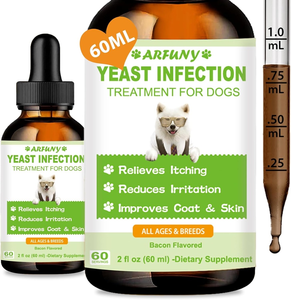 Naturlig Yeast Infeksjonsbehandling for hunder | 60ML støtter sunn kløe relief | Hund Yeast øreinfeksjonsbehandling | Hundebetennelsesrelief, Allergy Relief & hud kløe relief | 2 fl oz, Bacon Flavor