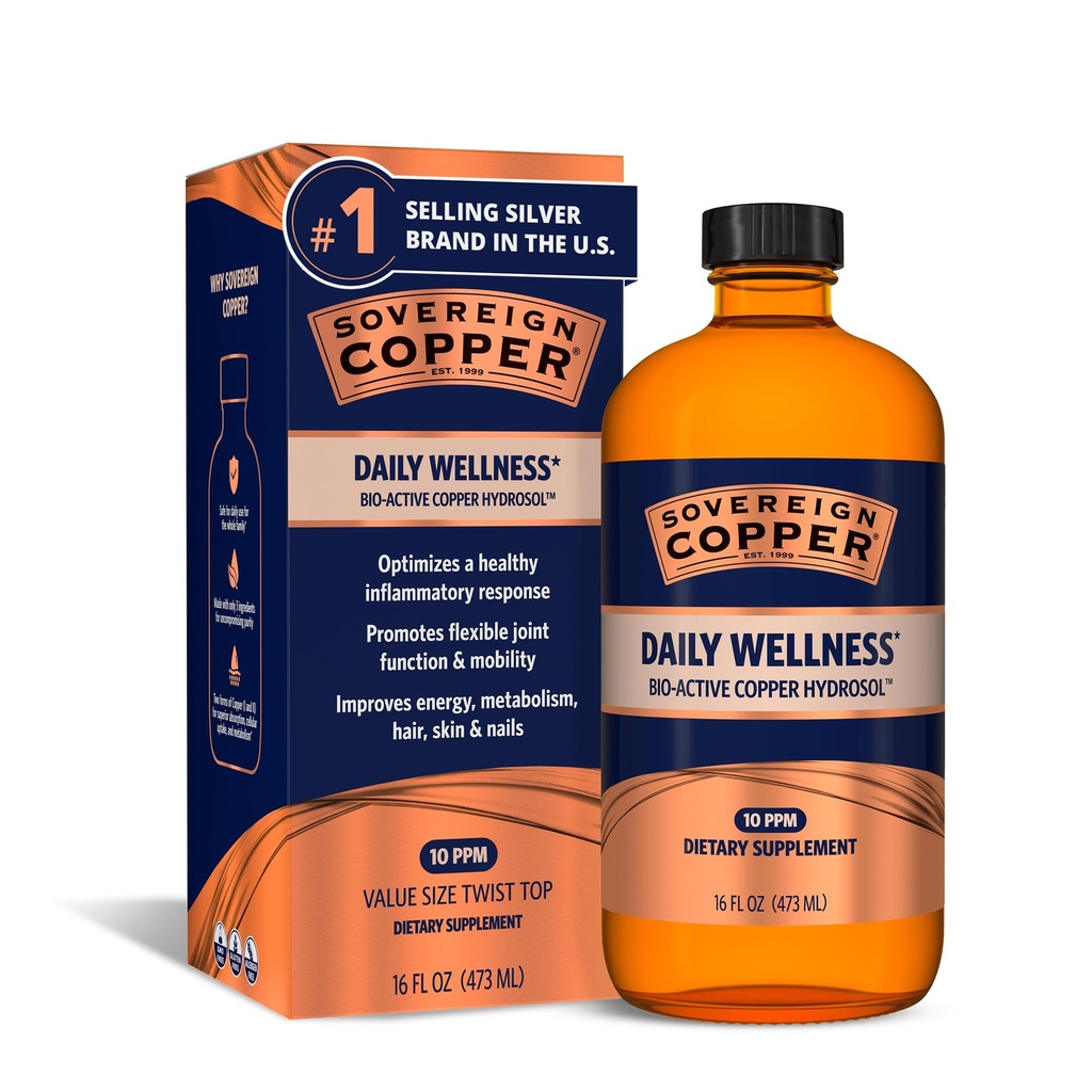 Suverene Bio-Active Copper Hydrosol - Biotilgjengelig Colloidal Copper Liquid Supplement for voksne og barn med sølv hydrosol for immunstøtte, hår, hud og negler - 16 fl oz (473ml)