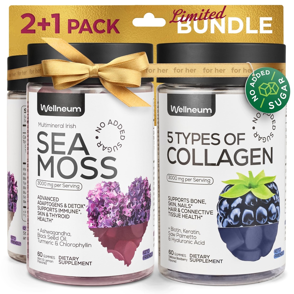 Collage and Sea Moss Gummies Bundle - Collage Peptides, Irish Sea Moss, Biotin, Keratin, Bladderwrack - Gummy Supplement for immunitet, Detox, Sunt hår, hud og negler - for menn og kvinner