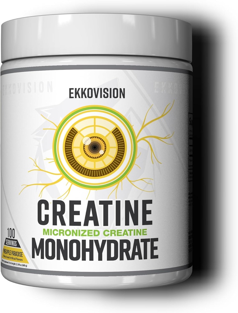 Ekkovision Kreatin Monohydrat pulver, mikronisert, Pineapple Paradise, Pre Workout & Post Trening Supplement for menn og kvinner, Energistøtte, Lett å blande i rister, Smoothies og drikkevarer, 100 Srvgs