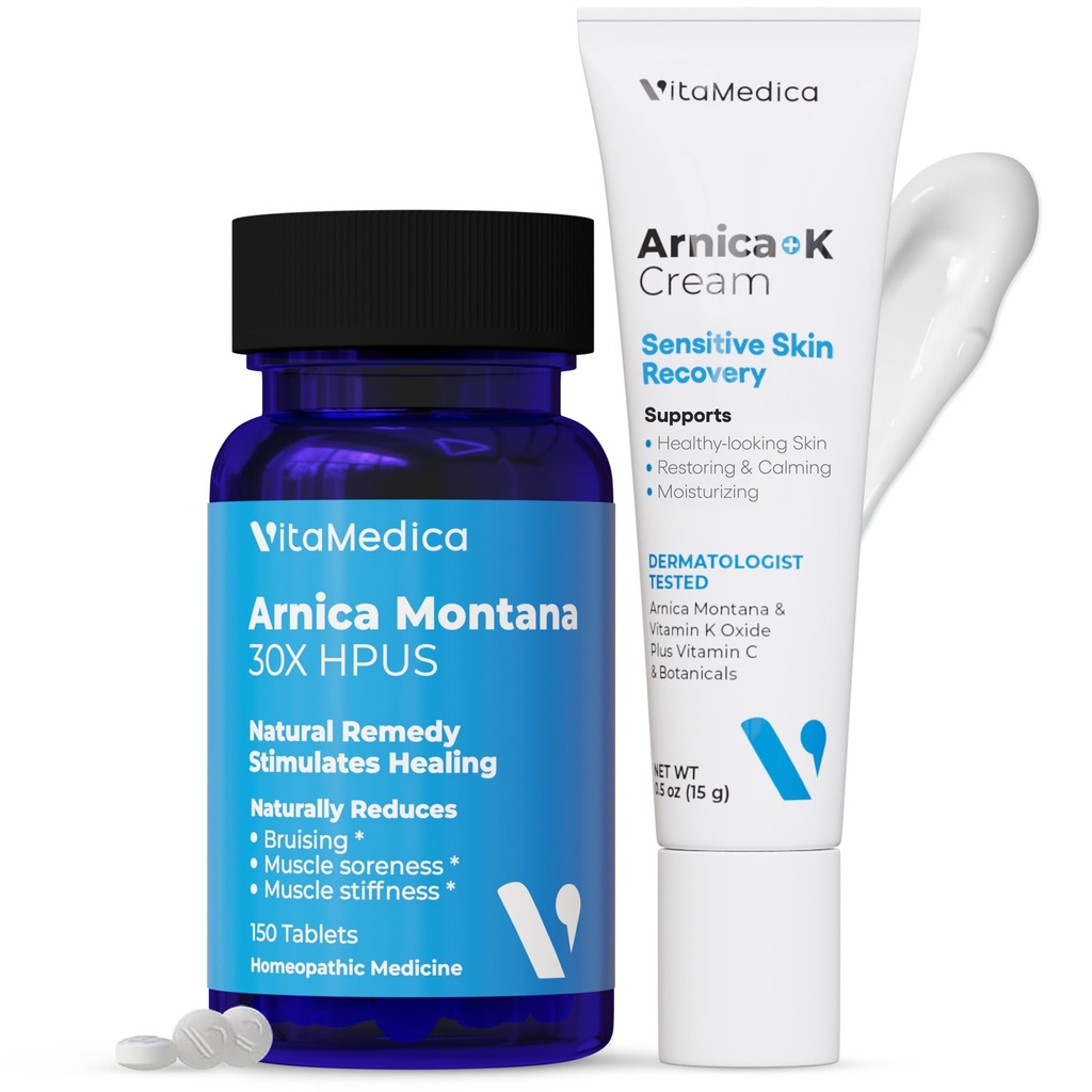 VitaMedica | Arnica Montana 30X & Arnica Cream Bundle | For Bruising, Svømmelse, Inflammasjon og smertelindring | Vitamin K Topical Cream | Softens, Rolige, Moisturizes, & Restores Bruised Skin | USA laget